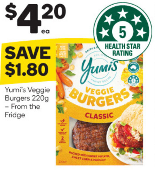Yumi's Veggie Burgers 220g From the Fridge offer at Woolworths