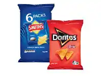 Coles Smith’s Chips 6 Pack 114g, Jumpy’s Snacks 5 Pack 90g or Doritos Corn Chips 150g-170g offer