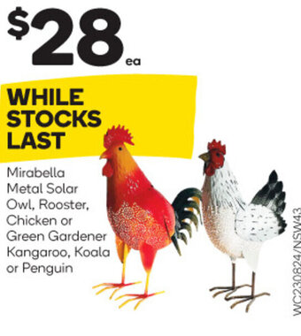 Woolworths Mirabella Metal Solar Owl, Rooster, Chicken or Green Gardener Kangaroo, Koala or Penguin offer