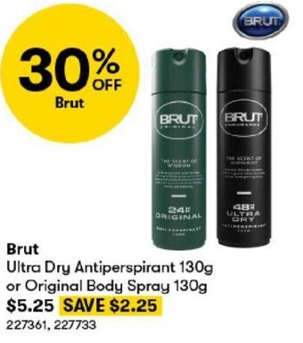 BIG W Brut Ultra Dry Antiperspirant 130g or Original Body Spray 130g offer