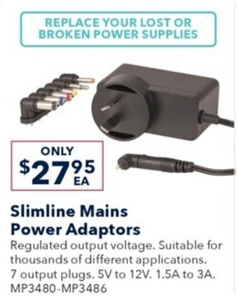 Jaycar Electronics Slimline Mains Power Adaptors offer
