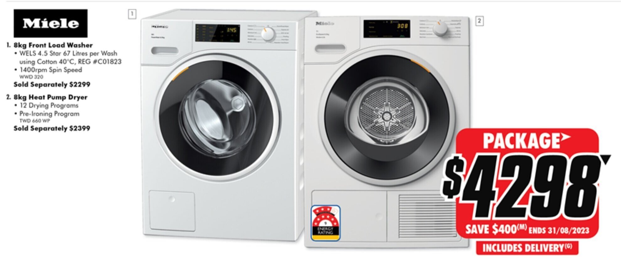 1. 8kg Front Load Washer 2. 8kg Heat Pump Dryer offer at The Good Guys
