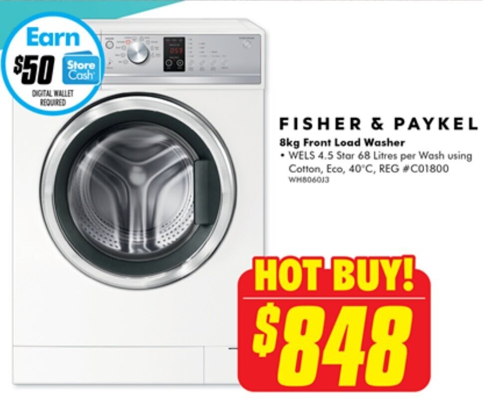 FISHER & PAYKEL 8kg Front Load Washer . offer at The Good Guys