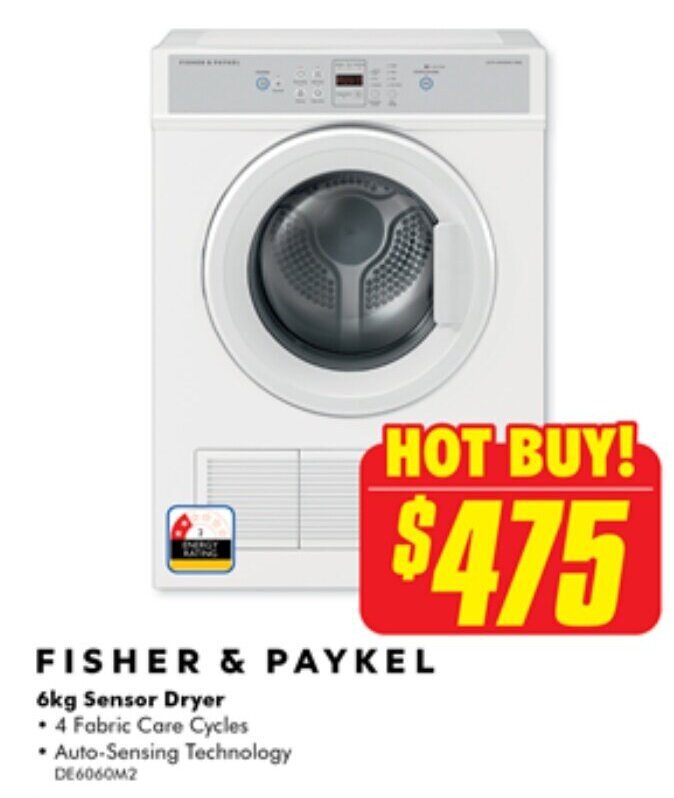 FISHER & PAYKEL 6kg Sensor Dryer offer at The Good Guys