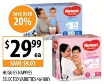 Supabarn HUGGIES NAPPIES SELECTED VARIETIES 46/108's offer