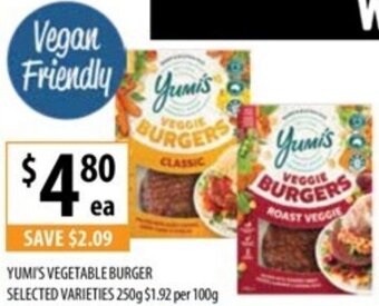 Supabarn YUMI'S VEGETABLE BURGER SELECTED VARIETIES 250g offer