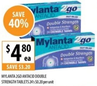 Supabarn MYLANTA 2GO ANTACID DOUBLE STRENGTH TABLETS 24's offer