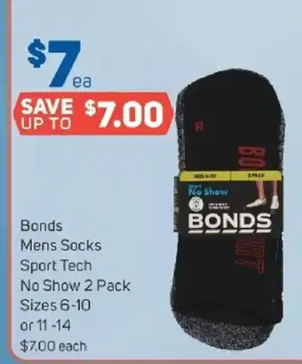Foodland Bonds Mens Socks Sport Tech No Show 2 Pack Sizes 6-10 or 11-14 offer