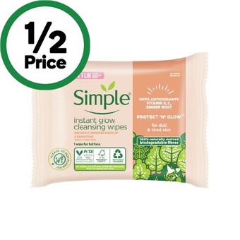Woolworths Simple instant glow biodegradable cleansing wipes pk 20 offer