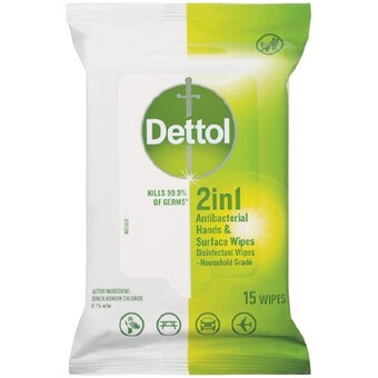 Woolworths Dettol 2 in 1 hands & surfaces antibacterial wipes pk 15 offer