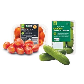 Woolworths Australian sweet solanato® tomatoes 200g punnet or qukes® baby cucumbers 250g pack offer