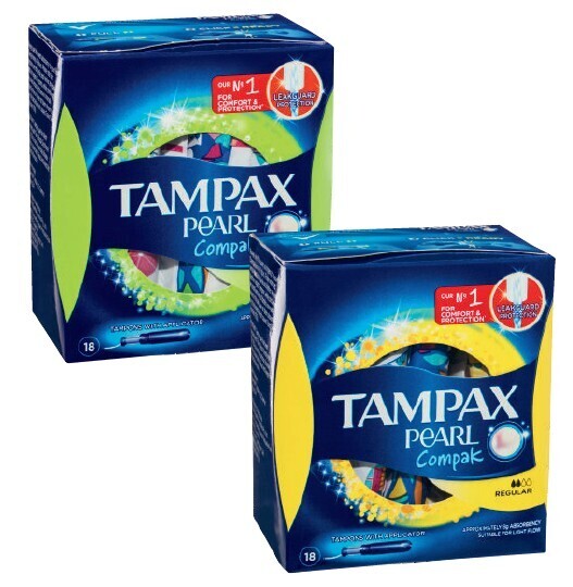Tampax pearl compak tampons with applicator regular or super 18 pack