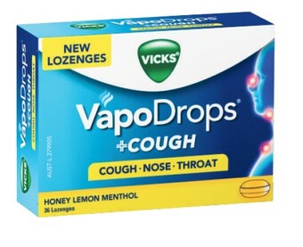 Coles Vicks vapodrops + cough honey lemon menthol lozenges 36 pack^ offer