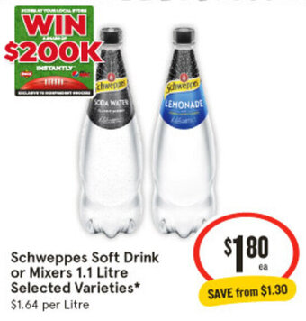 IGA Schweppes Soft Drink or Mixers 1.1 Litre Selected Varieties* offer