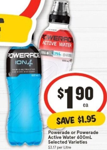 IGA Powerade or Powerade Active Water 600mL Selected Varieties offer