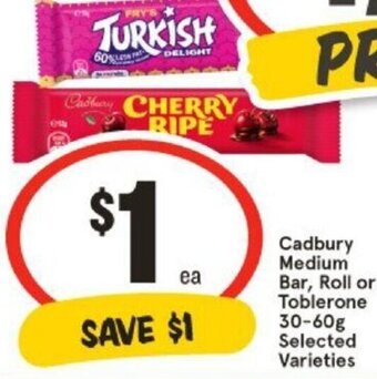 IGA Cadbury Medium Bar, Roll or Toblerone 30-60g Selected Varieties offer