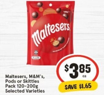 IGA Maltesers, M&M's, Pods or Skittles Pack 120-200g Selected Varieties offer