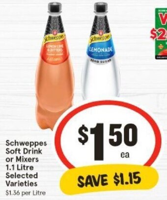IGA Schweppes Soft Drink or Mixers 1.1 Litre Selected Varieties offer