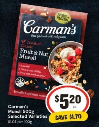 IGA Carman's Muesli 500g Selected Varieties offer