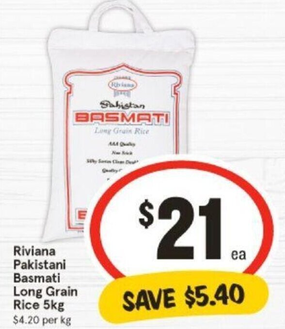 Riviana Pakistani Basmati Long Grain Rice 5kg offer at IGA