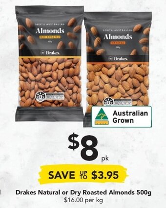Drakes Drakes Natural or Dry Roasted Almonds 500g offer