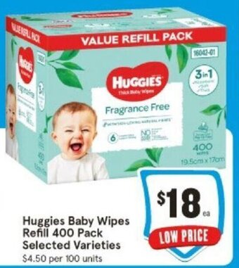 IGA Huggies Baby Wipes Refill 400 Pack Selected Varieties offer