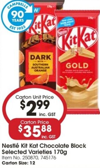 Campbells Wholesale Nestlé Kit Kat Chocolate Block Selected Varieties 170g offer
