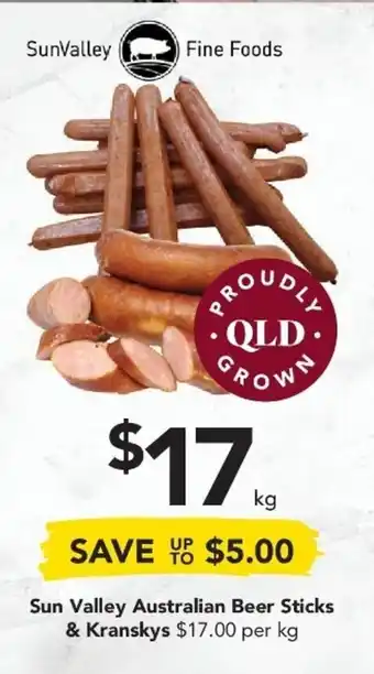 Drakes Sun Valley Australian Beer Sticks & Kranskys per kg offer