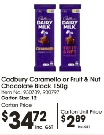 Campbells Wholesale Cadbury Caramello or Fruit & Nut Chocolate Block 150g offer