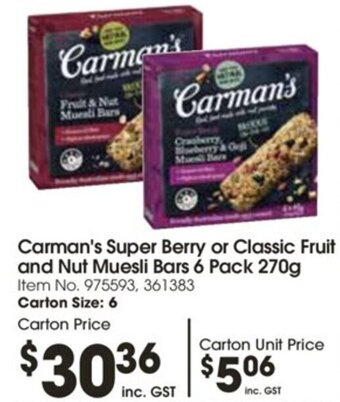 Carman's Super Berry or Classic Fruit and Nut Muesli Bars 6 Pack 270g
