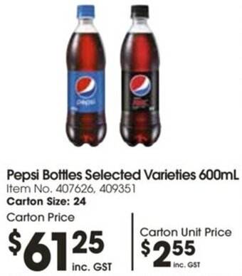 Campbells Wholesale Pepsi Bottles Selected Varieties 600mL offer