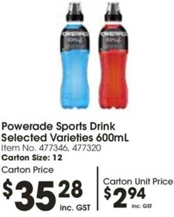Powerade Sports Drink Selected Varieties 600mL