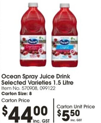 Campbells Wholesale Ocean Spray Juice Drink Selected Varieties 1.5 Litre offer