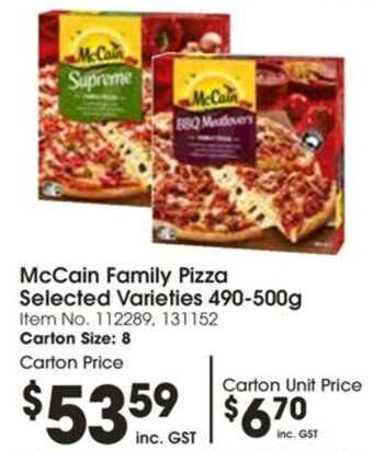 Campbells Wholesale McCain Family Pizza Selected Varieties 490-500g offer