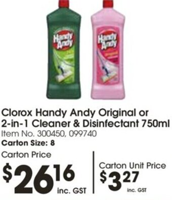 Clorox Handy Andy Original or 2-in-1 Cleaner & Disinfectant 750ml