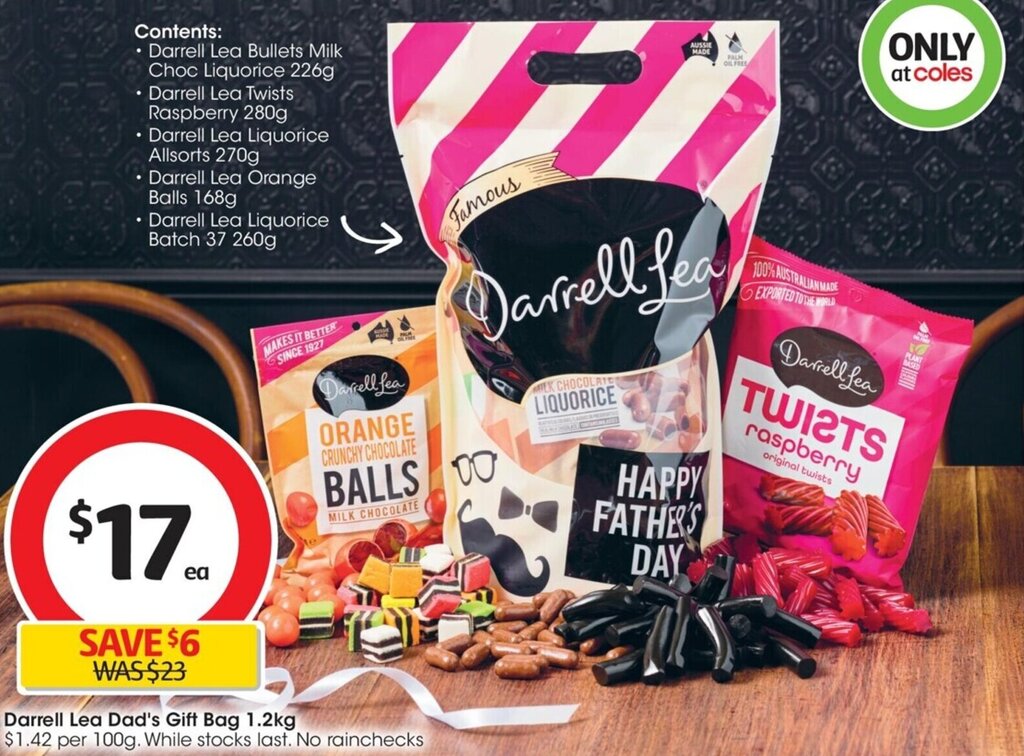 Darrell Lea Dad's Gift Bag 1.2kg offer at Coles