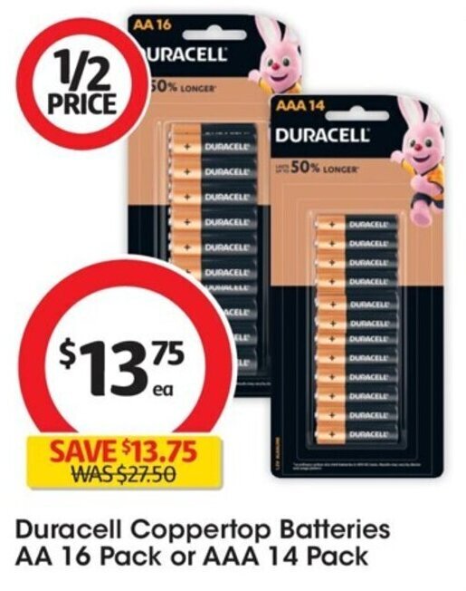 Duracell Coppertop Batteries AA 16 Pack or AAA 14 Pack offer at Coles