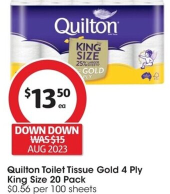 Coles Quilton Toilet Tissue Gold 4 Ply King Size 20 Pack offer