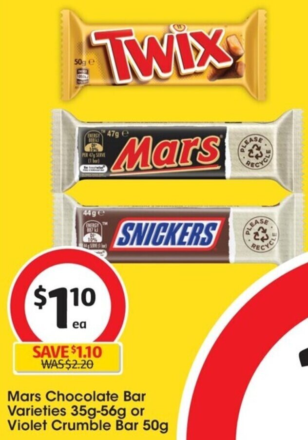 Mars Chocolate Bar Varieties 35g56g or Violet Crumble Bar 50g offer at