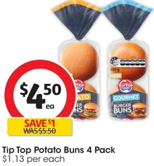 Tip Top Potato Buns 4 Pack offer at Coles