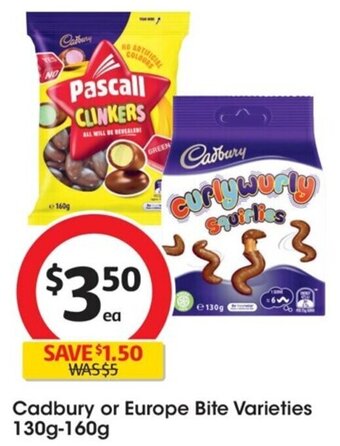 Coles Cadbury or Europe Bite Varieties 130g-160g offer