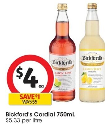 Coles Bickford's Cordial 750mL offer