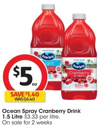 Coles Ocean Spray Cranberry Drink 1.5 Litre offer