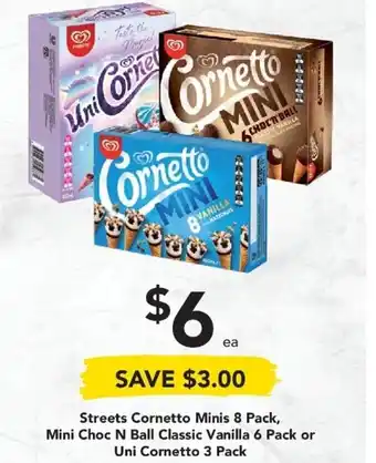 Streets Cornetto Minis 8 Pack, Mini Choc N Ball Classic Vanilla 6 Pack or Uni Cornetto 3 Pack