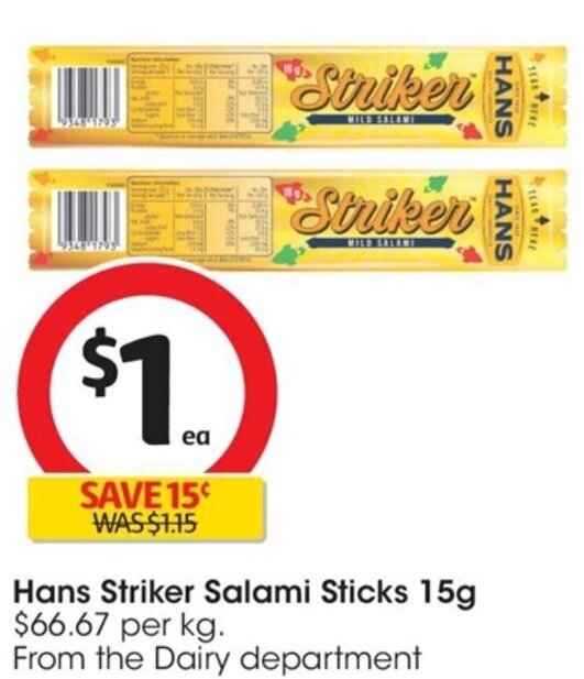 Hans Striker Salami Sticks 15g offer at Coles