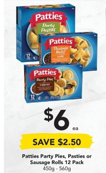 Patties Party Pies, Pasties or Sausage Rolls 12 Pack 450g-560g