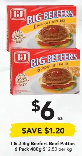 Drakes I & J Big Beefers Beef Patties 6 Pack 480g offer