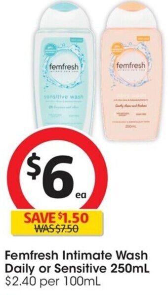 Coles Femfresh Intimate Wash Daily or Sensitive 250mL offer