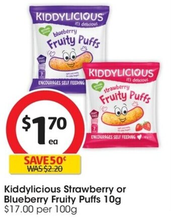 Coles Kiddylicious Strawberry or Blueberry Fruity Puffs 10g offer