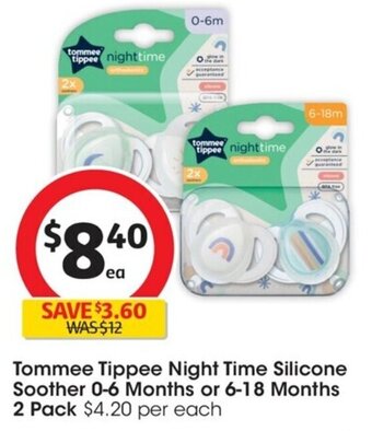 Coles Tommee Tippee Night Time Silicone Soother 0-6 Months or 6-18 Months 2 Pack offer